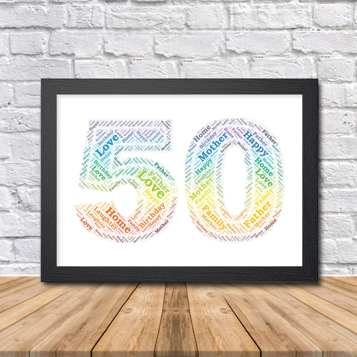 Personalised 50th birthday rainbow word art print, number 50 in a black frame