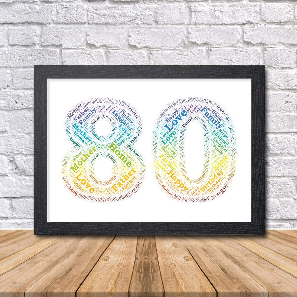 Personalised 80th birthday rainbow word art print, number 80 in a black frame