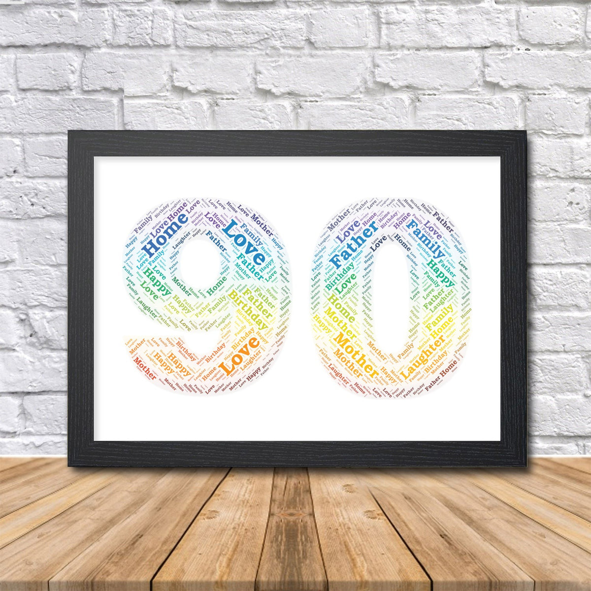 Personalised 90th birthday rainbow word art print, number 90 in a black frame