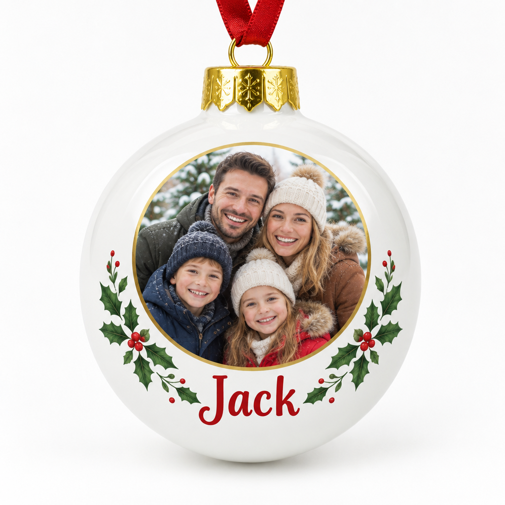 Personalised Photo Bauble – Christmas Tree Ornament with Your Photo & Name – Personalised photo bauble printed with a family photo and the name Jack