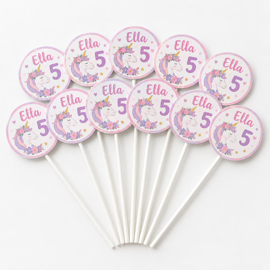 Personalised Cupcake Toppers – Set of 12 with Name, Age & Party Theme – Personalised cupcake toppers set of 12 with the name Ella and age 5 in a pastel unicorn theme