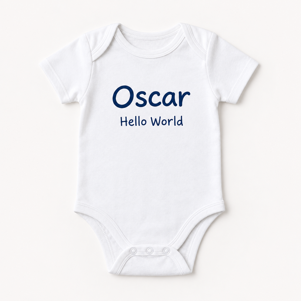 Personalised Baby Vest with Name & Message – Short Sleeve Cotton Baby Bodysuit – 0–12 Months – Personalised baby vest with the name Oscar and message Hello World