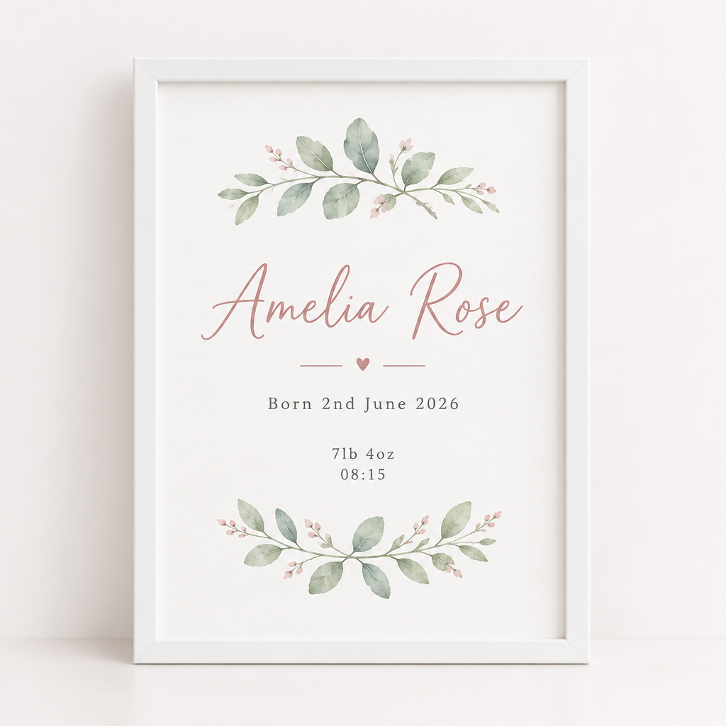 Personalised Birth Announcement Print – Name, Date, Weight & Time – A4 or A3 Nursery Print – Personalised birth announcement print for Amelia Rose with date, weight and time