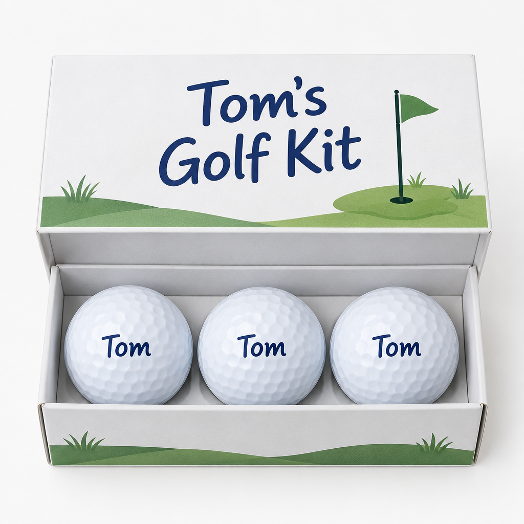 Personalised Golf Gift Set – 3 Printed Golf Balls in a Personalised Gift Box – Name & Message – Personalised golf gift set with three golf balls printed Tom in a printed gift box