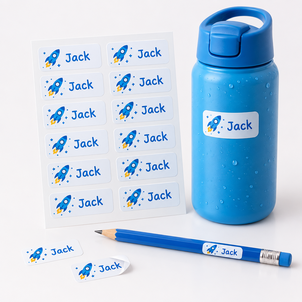 Waterproof Kids Name Labels – Personalised School & Nursery Labels with Name & Icon – 30, 60 or 120 – Waterproof kids name labels printed with Jack and a rocket icon