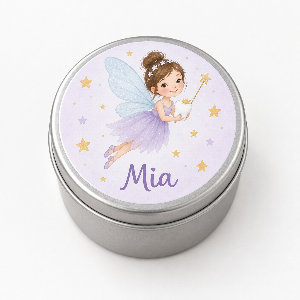 Personalised Tooth Fairy Tin – Child's Name – Keepsake Tin for First Lost Teeth – Personalised tooth fairy tin with the name Mia on a white background
