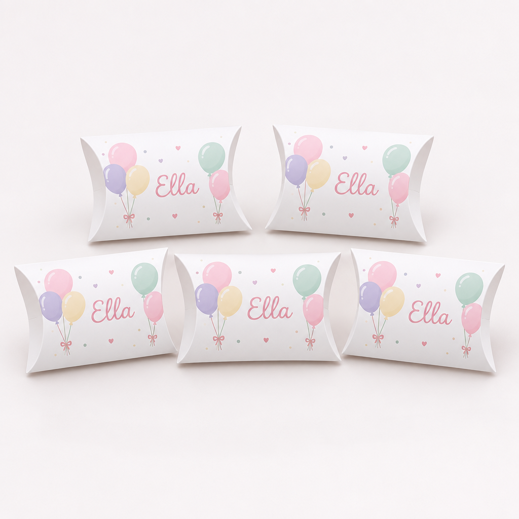 Personalised Kids Party Pillow Treat Boxes – 10 Themes – Packs of 10 to 500 – Personalised Kids Party Pillow Treat Boxes – personalised pillow treat boxes on a white background, showing an example