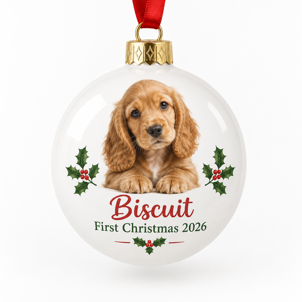 Personalised Pet's First Christmas Bauble – Photo & Pet Name – Dog or Cat Christmas Decoration – Personalised pet's first Christmas bauble with a puppy photo and the name Biscuit