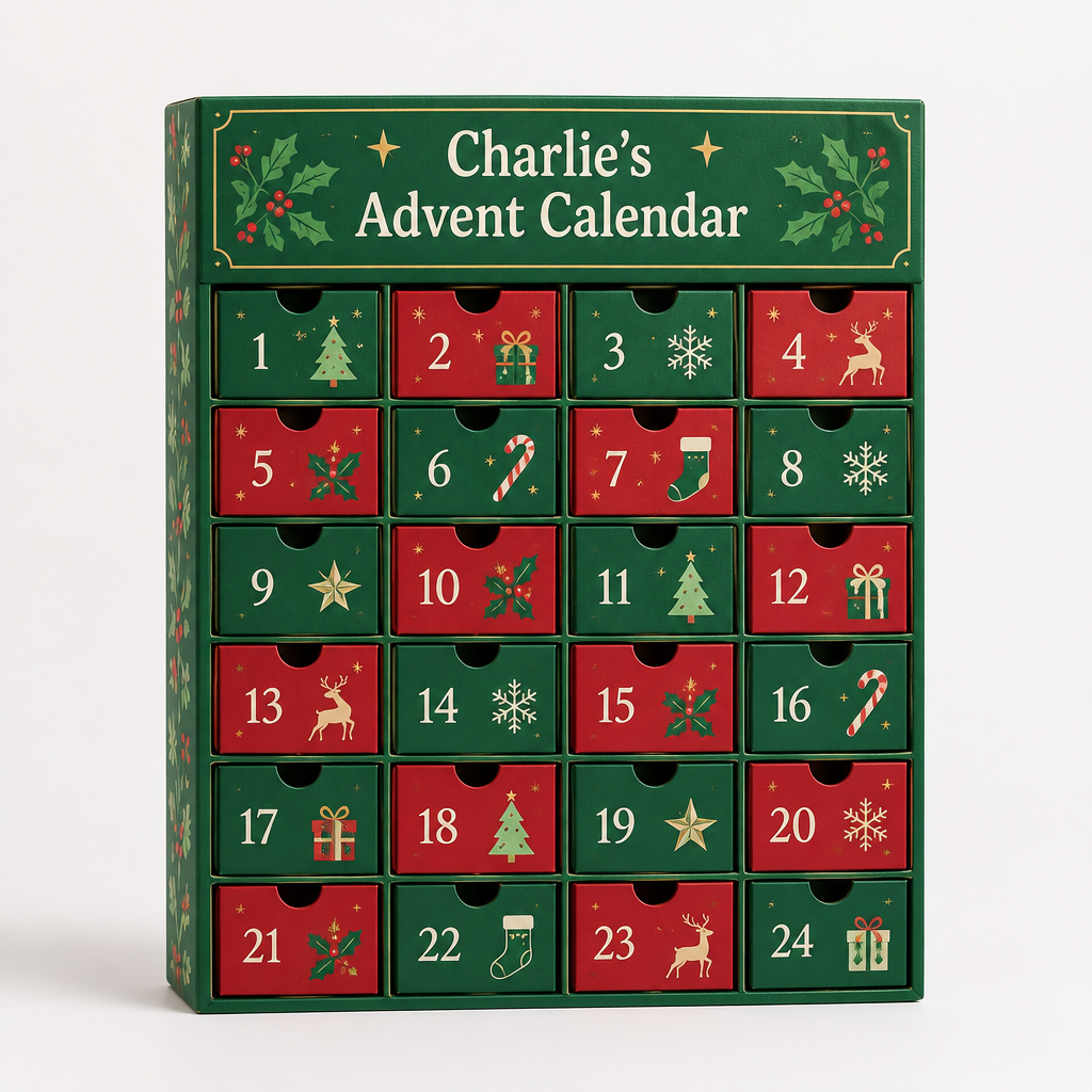 Personalised Fill-Your-Own Advent Calendar – 24 Drawers with Name & Photo – Kids or Adult Design – Personalised Fill-Your-Own Advent Calendar – personalised advent calendar with 24 drawers for Charlie
