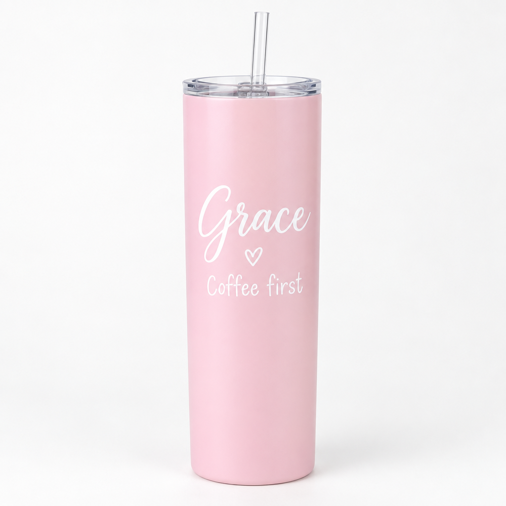 Personalised 20oz Skinny Tumbler – Name & Message – White, Black or Pink Tumbler Gift – Personalised 20oz skinny tumbler with the name Grace on a white background