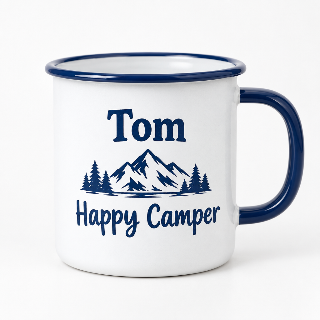 Personalised Enamel Camping Mug – Name & Message – Outdoor Mug for Campers & Walkers – Personalised enamel camping mug with the name Tom on a white background