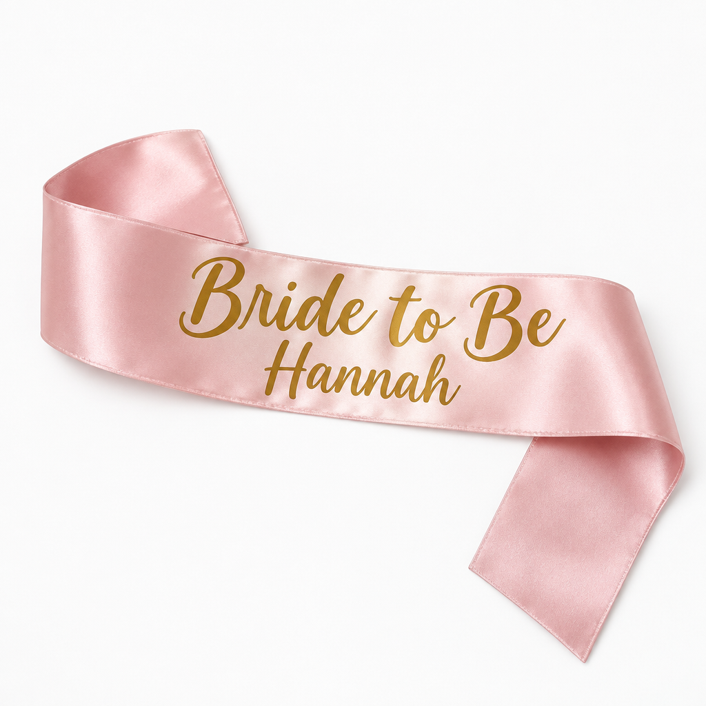 Personalised Party Sash – Custom Text Sash for Hen Parties, Birthdays & Prom – Personalised party sash in blush pink satin printed Bride to Be Hannah