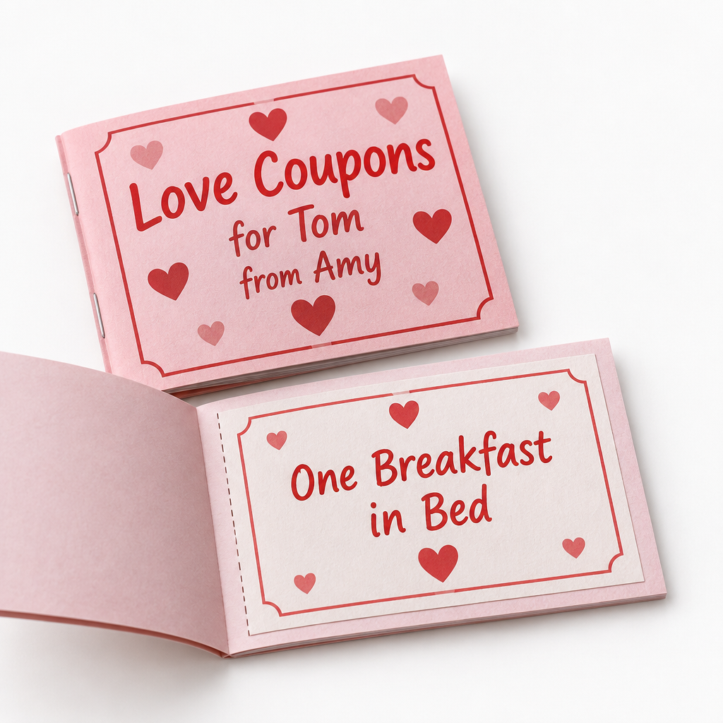 Personalised Love Coupon Book – Names on the Cover – Valentine's & Anniversary Gift – Personalised love coupon book printed with Tom and Amy on the cover
