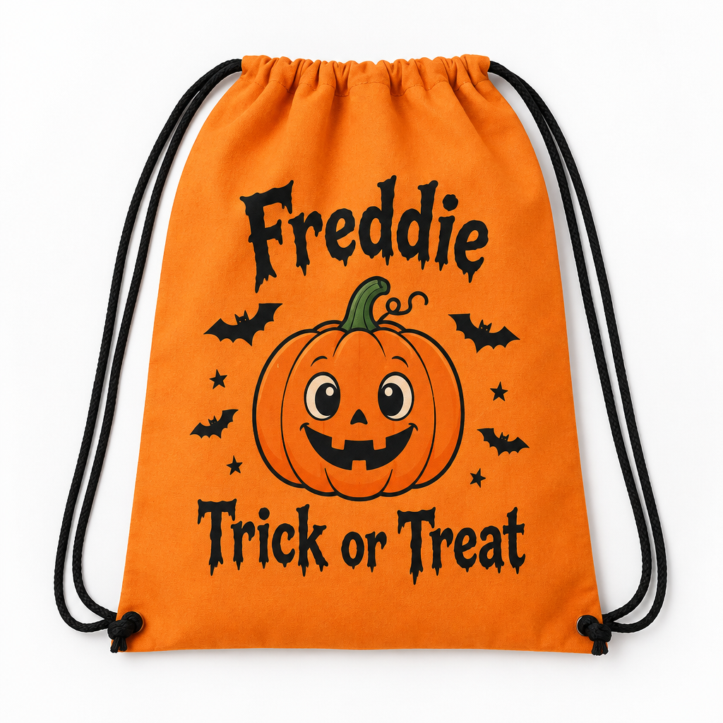 Personalised Trick or Treat Bag β Name Printed Halloween Sweet Bag for Kids β Personalised trick or treat bag in orange with a pumpkin and the name Freddie