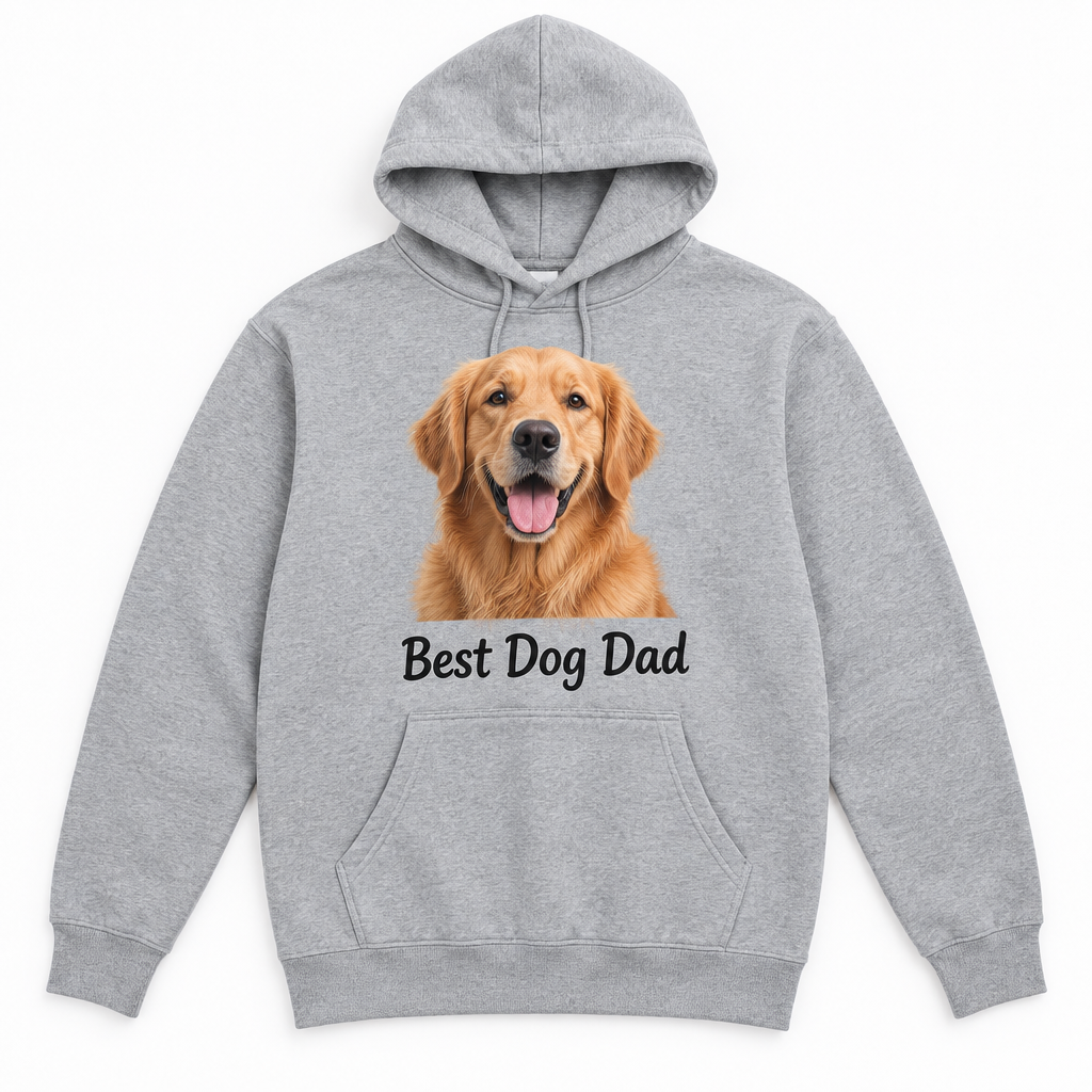 Personalised Adult Hoodie – Custom Photo, Design or Text – Unisex Sizes S to 2XL – Personalised adult hoodie in grey printed with a dog photo and the text Best Dog Dad