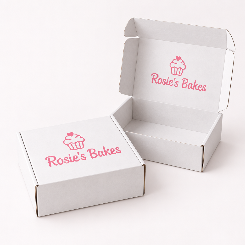 Custom Printed Mailer Boxes with Your Logo – Small Business Packaging – Packs of 25 or 50 – Custom printed mailer boxes with the Rosie's Bakes logo