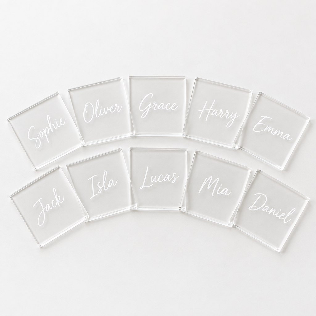 Personalised Acrylic Place Names – Pack of 10 – Wedding Guest Name Cards – Personalised acrylic place names printed with guest names Sophie and Oliver