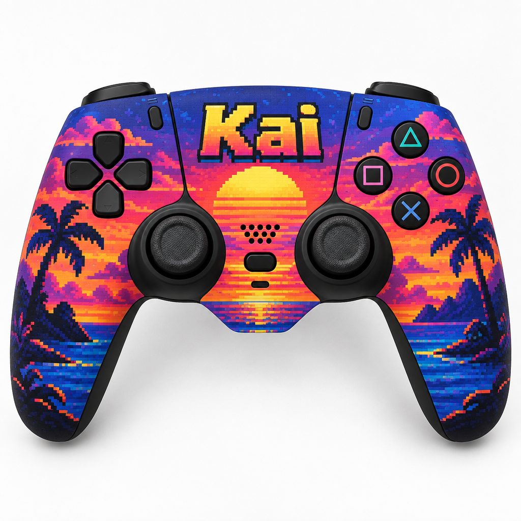 Custom Games Controller Skin – Personalised Photo & Name Decal – UV DTF Print – Custom games controller skin with retro pixel art and the name Kai