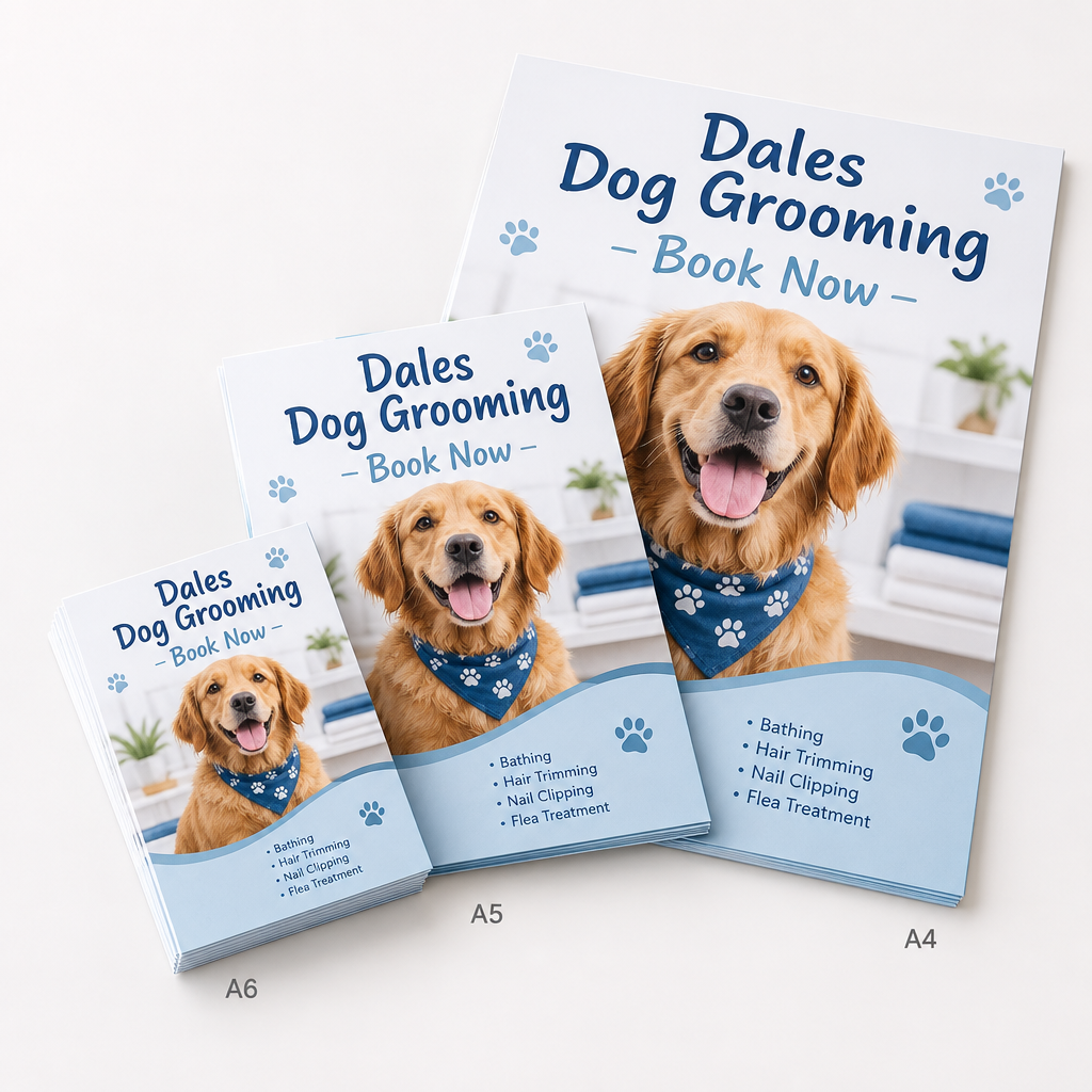 Flyers & Leaflets Printing – A6, A5 or A4 – Custom Printed from Your Artwork – Flyers & Leaflets Printing – printed flyers and leaflets on a white background, showing an example personalised design