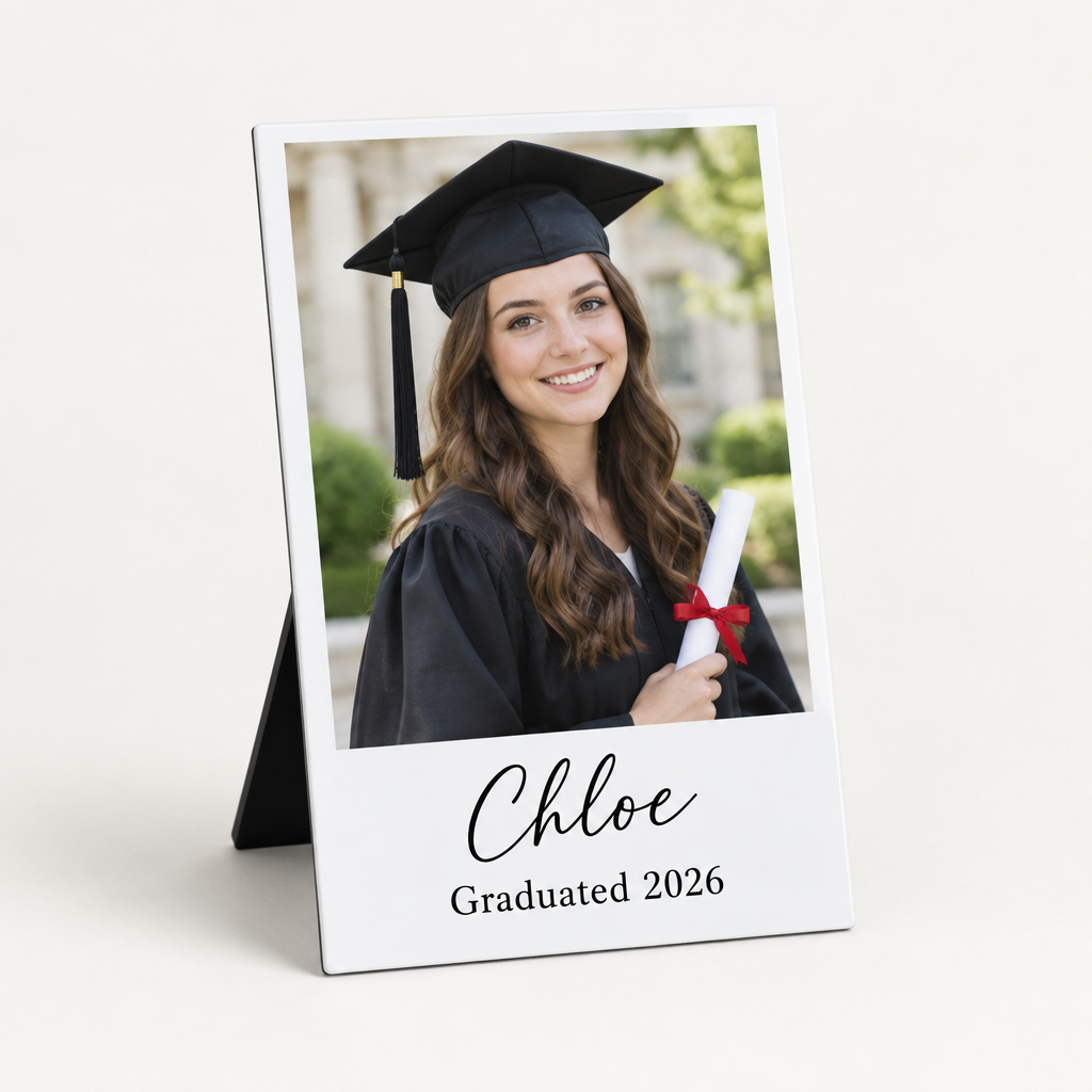 Personalised Desk Photo Panel with Easel – Metal Photo Print with Name & Date – Personalised Desk Photo Panel with Easel – personalised desk photo panel printed with a graduation photo of a young woman in