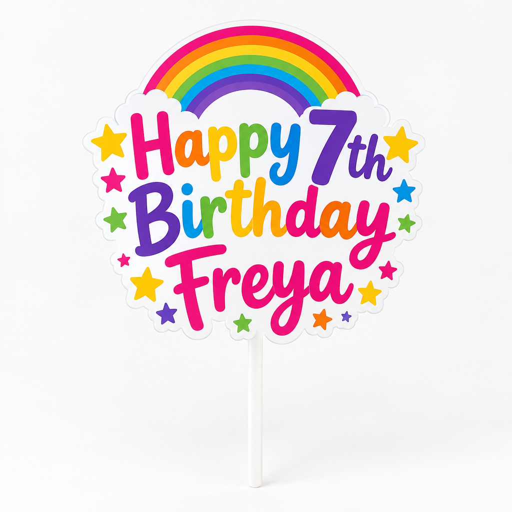 Personalised Acrylic Cake Topper – Full-Colour Printed Name & Age – 15 cm or 20 cm – Personalised acrylic cake topper printed Happy 7th Birthday Freya