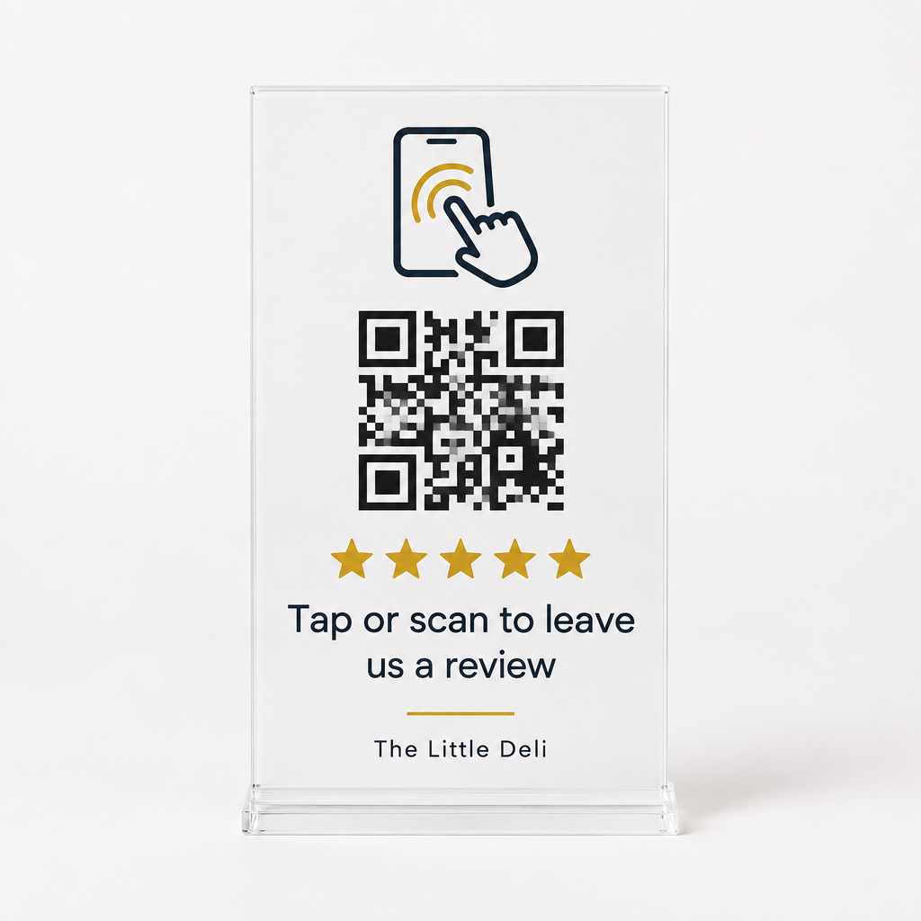 Tap & Scan Review Stand – NFC + QR Code for Google Reviews – Personalised Acrylic with Your Logo – Tap and scan review stand on a white background, showing an example personalised design