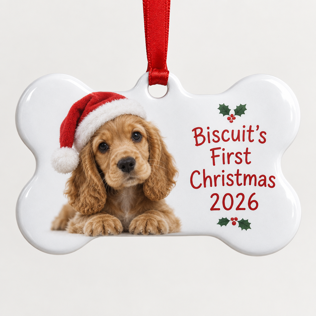 Personalised pet's first Christmas decoration: a personalised glossy white aluminium dog bone shaped Christmas ornament with a red ribbon loop, printed with a photo of a cocker spaniel puppy wearing a tiny Santa hat