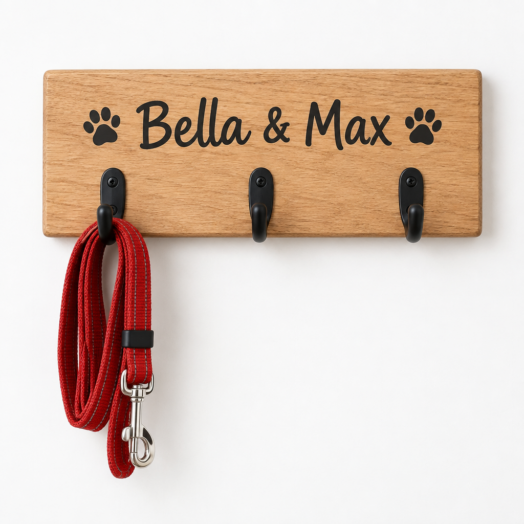 Personalised Wooden Dog Lead Hook – Wall Lead Holder with Pet Names – Gift for Dog Owners – Personalised wooden dog lead hook printed with Bella and Max