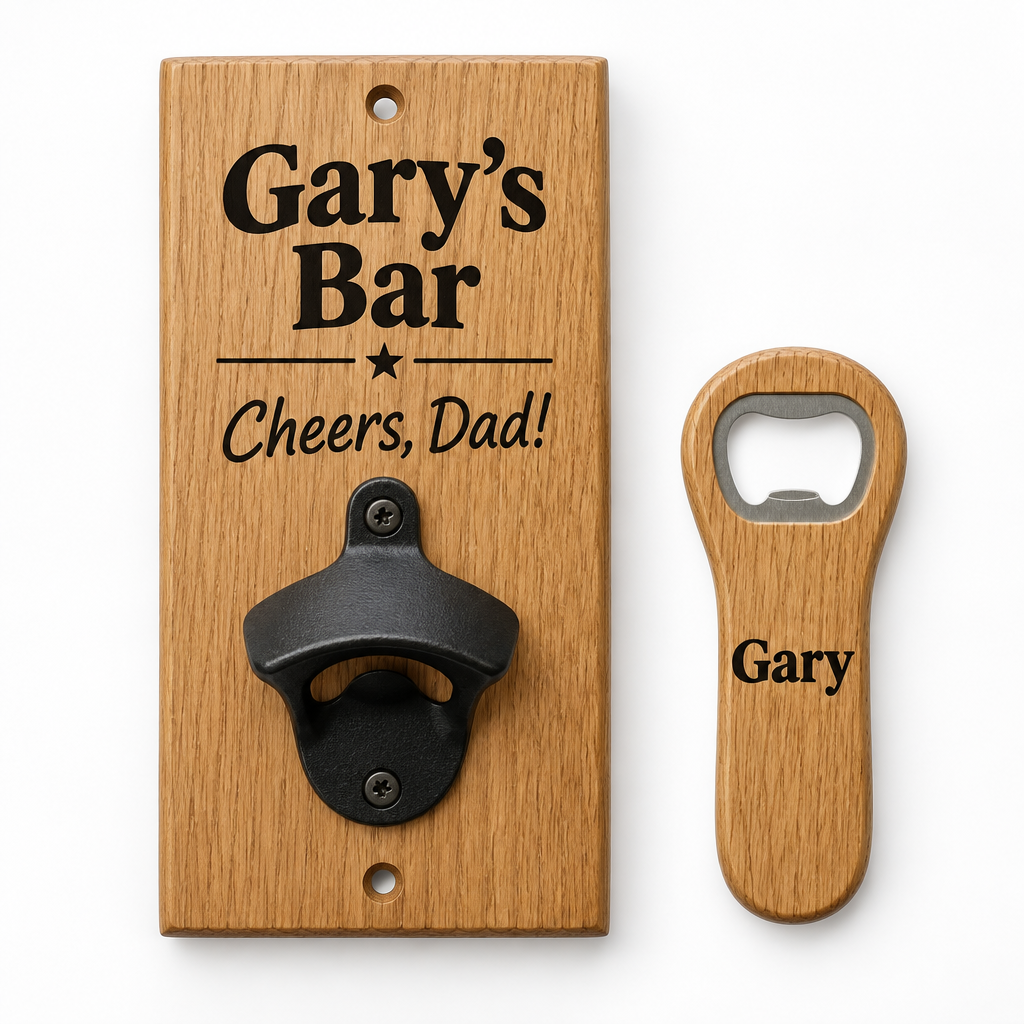 Personalised Wooden Bottle Opener – Wall-Mounted or Handheld – Name & Message Father's Day Gift – Personalised wooden bottle opener printed Gary's Bar