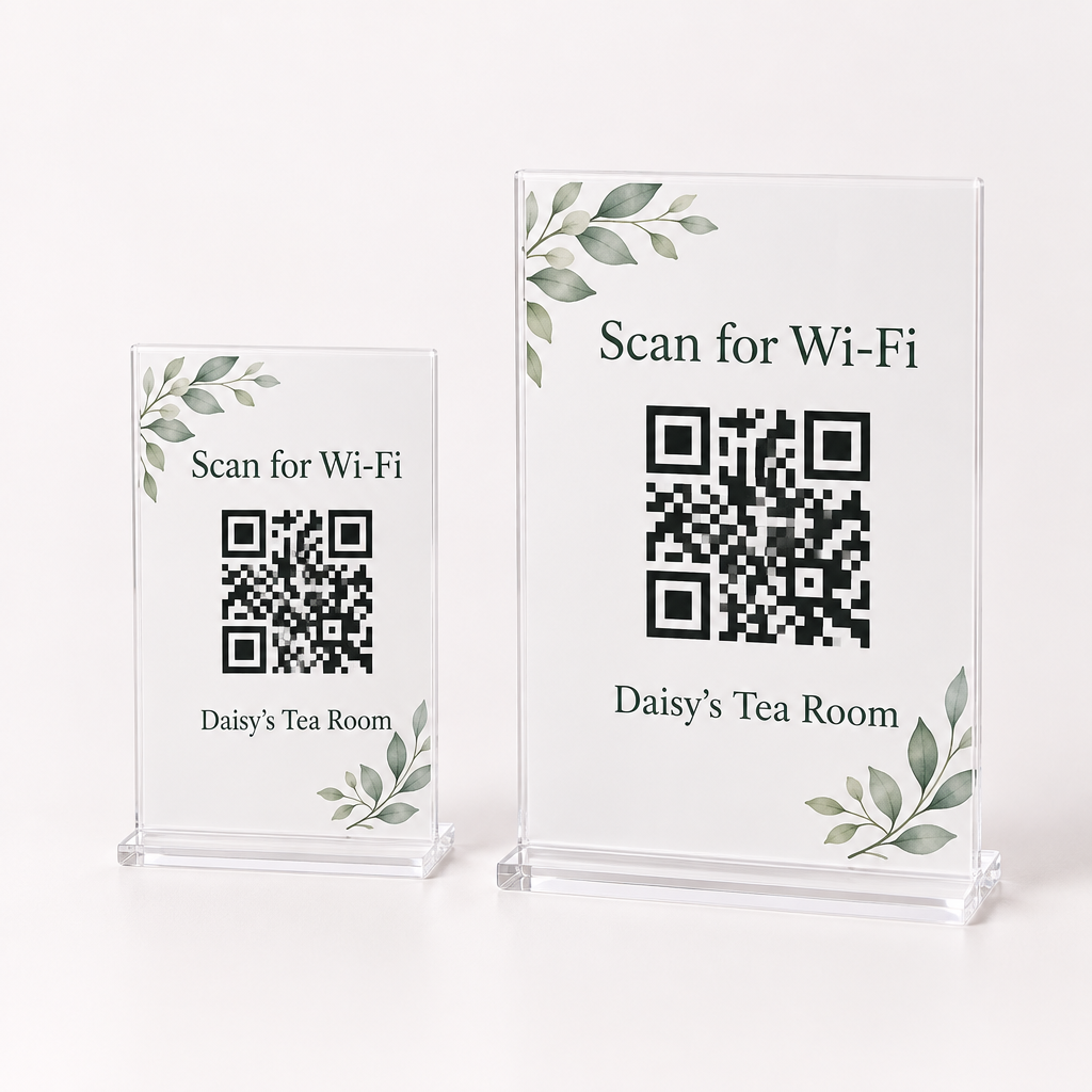 Personalised Acrylic QR Code Sign – Scan to Pay, Follow or Wi-Fi – A6 or A5 Stand with Logo – Acrylic QR code sign on a white background, showing an example personalised design