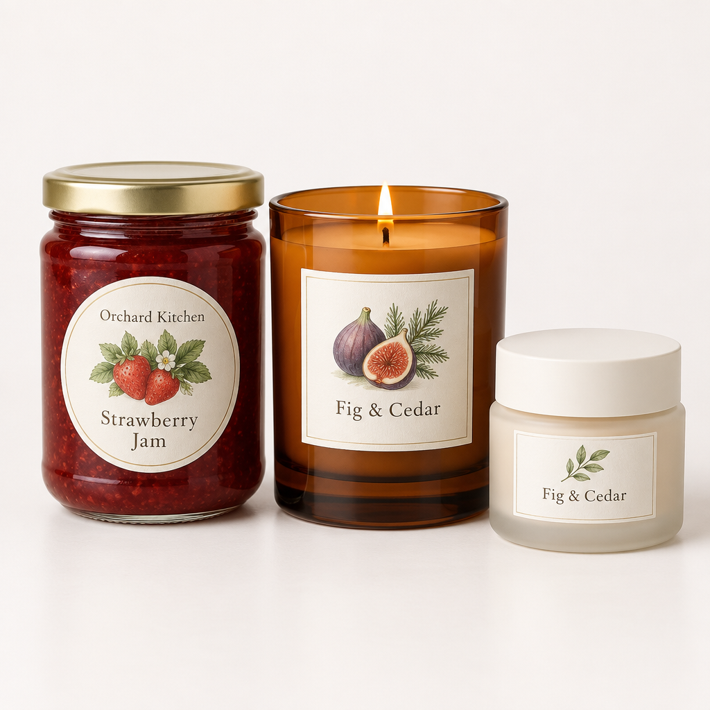 Custom Product Labels for Candles, Jam & Cosmetics – Printed from Your Artwork – 50, 100 or 250 – Custom product labels on a white background, showing an example personalised design