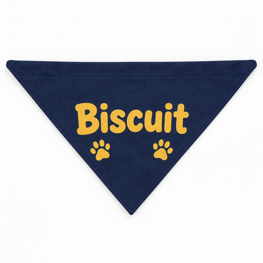 Personalised Dog Bandana with Name – Custom Printed Pet Bandana – Sizes S, M & L – Personalised dog bandana with the name Biscuit