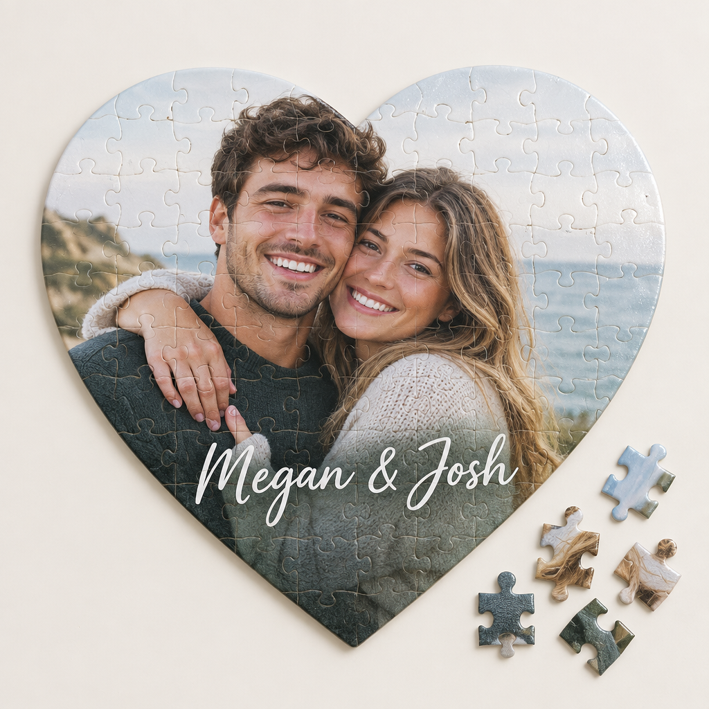 Personalised Heart Magnetic Jigsaw – 75 Pieces with Photo & Names – Personalised Heart Magnetic Jigsaw – personalised heart jigsaw: completed heart-shaped photo jigsaw of a young couple with