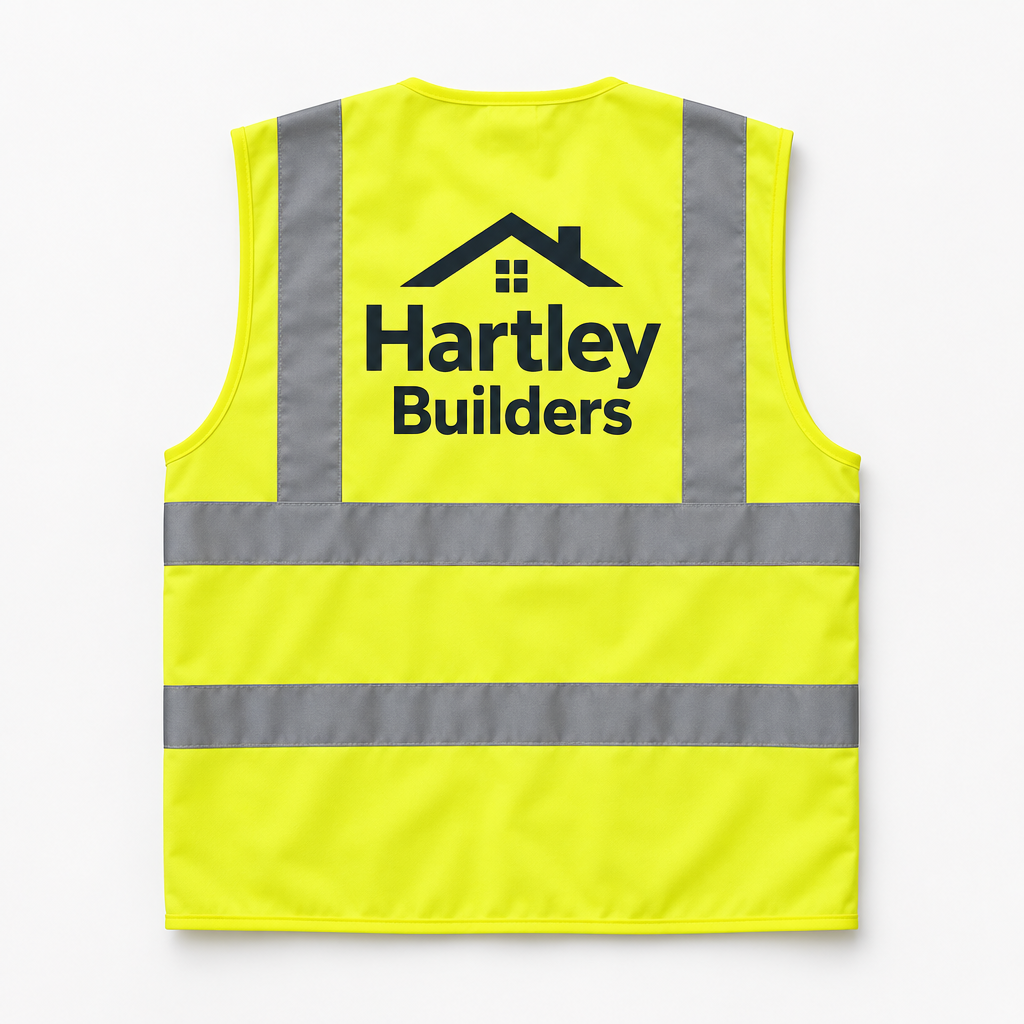Hi-Vis Vest with Your Logo – Personalised Workwear for Teams & Events – Hi-Vis Vest with Your Logo – hi-vis vest with logo on a white background, showing an example personalised design