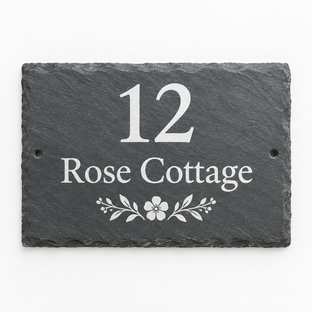 Personalised Slate House Sign – House Number & Name – 30 x 20 cm – New Home Gift – Personalised slate house sign with the name Rose Cottage on a white background