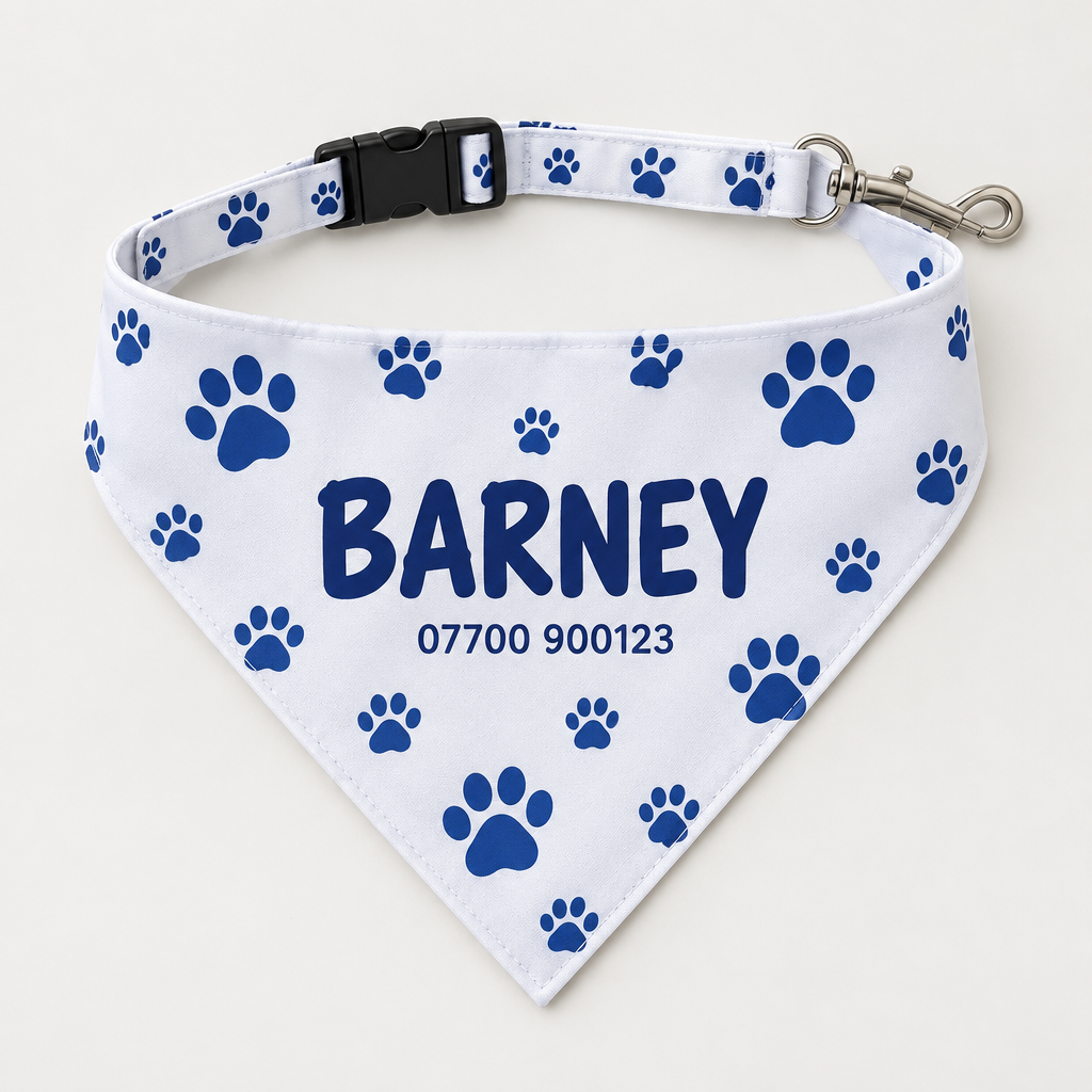 Personalised Dog Bandana with Name – Adjustable Pet Bandana with Lead Clip – Personalised Dog Bandana with Name – personalised dog bandana: a personalised white polyester triangular dog bandana laid