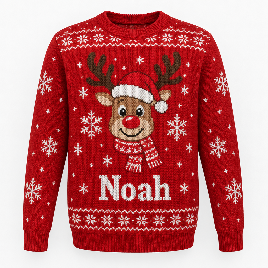 Matching Family Christmas Jumper – Personalised with Name – Adult, Kids, Baby & Dog – Matching family Christmas jumper with the name Noah on a white background