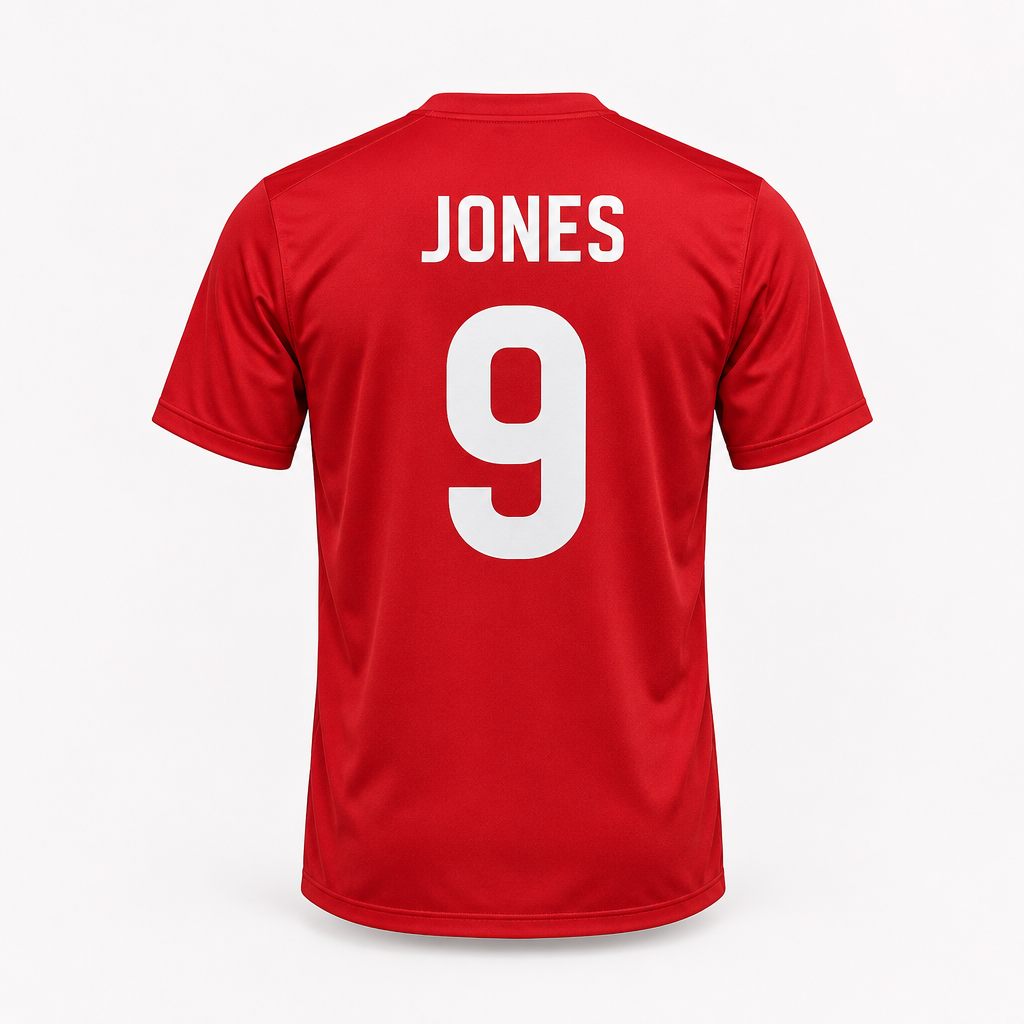 Football Kit Name & Number Printing – Personalised Shirt Printing per Shirt – Football kit name and number printing on a white background, showing an example personalised design