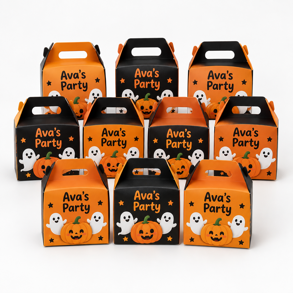 Personalised Halloween Treat Boxes – Pack of 10 – Name Print – Trick or Treat Party Boxes – Halloween treat boxes with the name Ava's Party on a white background