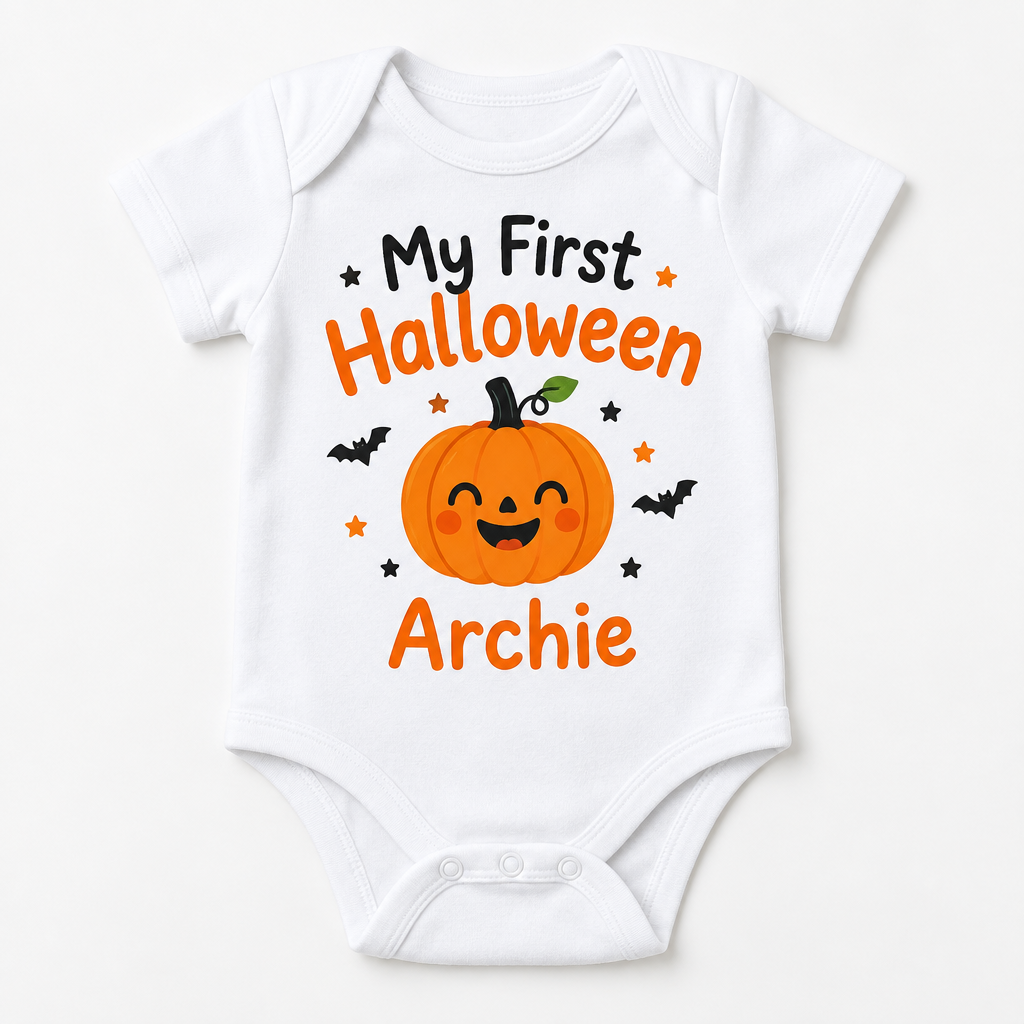 My First Halloween Baby Grow – Personalised with Name – 0-3, 3-6 & 6-12 Months – My first Halloween baby grow with the name Archie on a white background