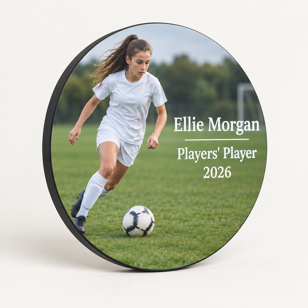 Personalised Round Award Plaque – 12in Black Bevelled Edge – Name, Team, Year & Photo – Personalised Round Award Plaque – personalised award plaque printed with an action photo of a girl playing football and the