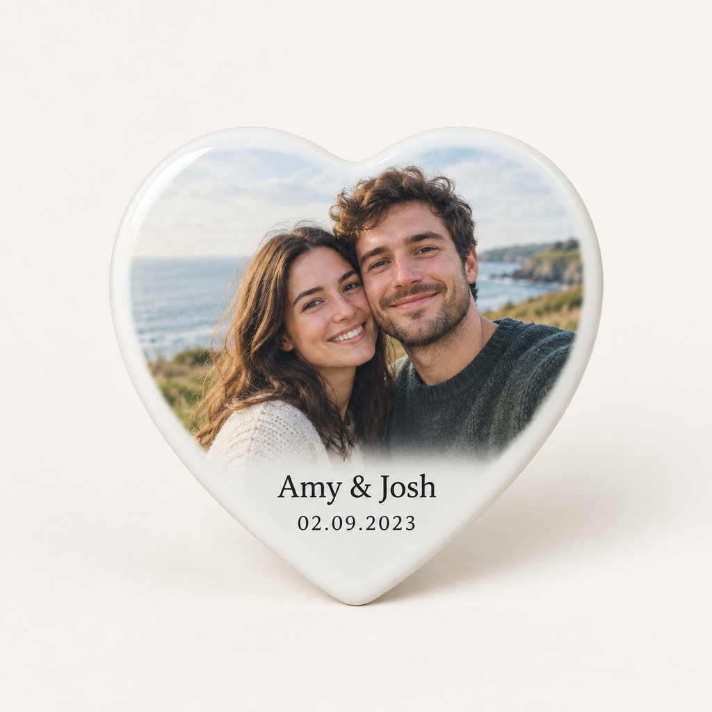 Personalised Heart Photo Tile β 4in Ceramic Heart Keepsake with Names & Date β Personalised heart photo tile printed with a couple photo and the text Amy & Josh and 02.09.2023, on a plain background