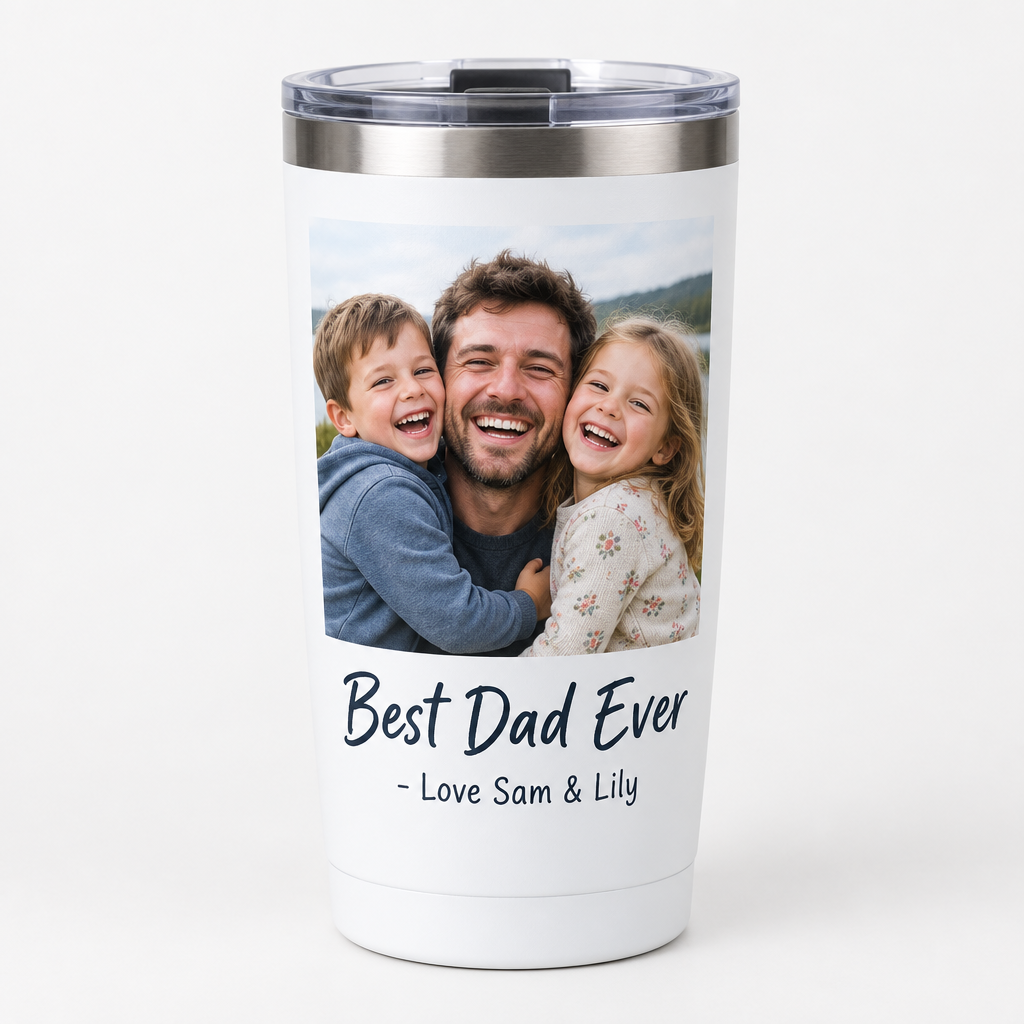 Personalised Travel Mug – 14oz Insulated Stainless Steel – Name, Photo & Message – Personalised travel mug printed with a family photo and a Best Dad Ever message