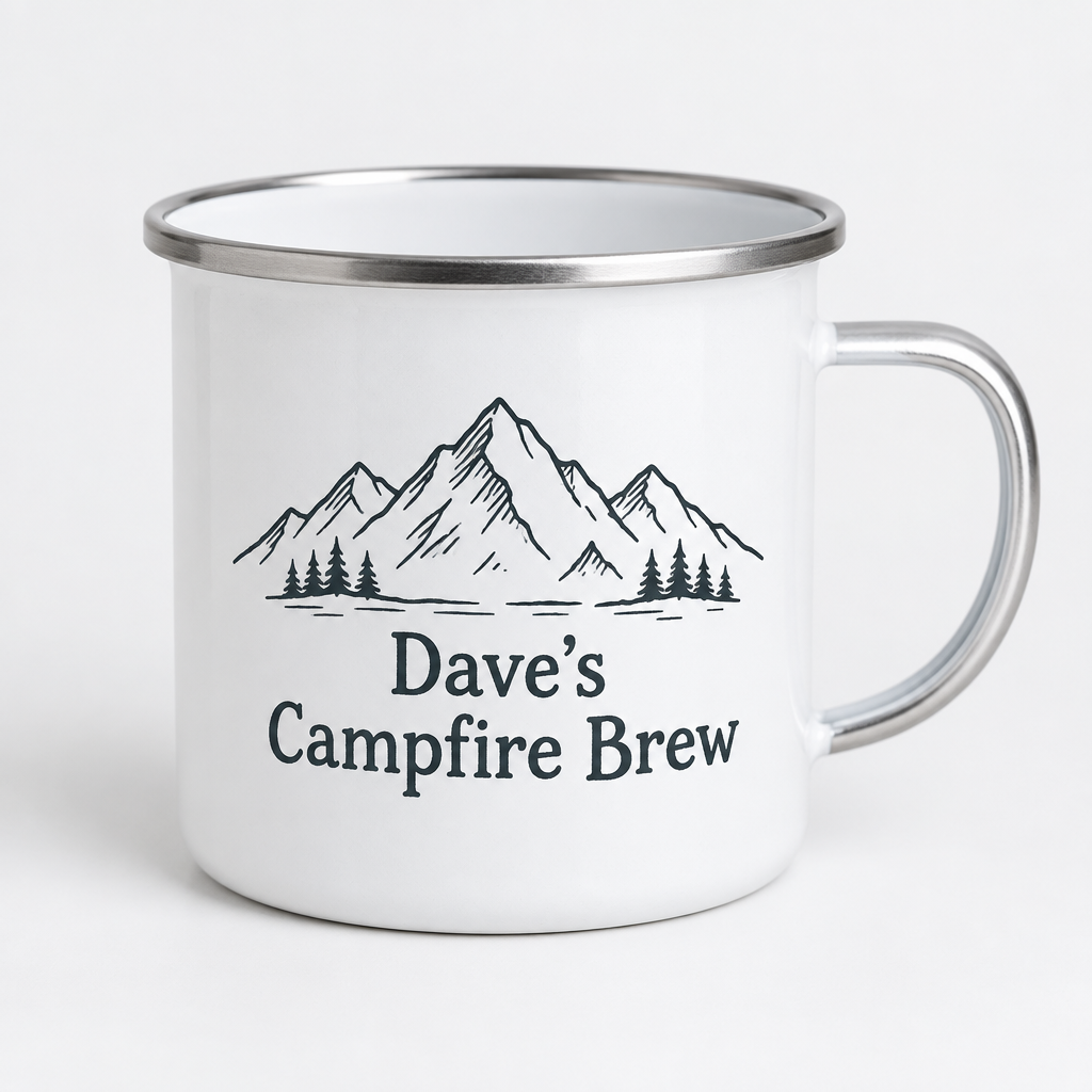 Personalised Enamel Camping Mug with Silver Rim – 12oz – Name, Message or Photo – Personalised enamel camping mug with silver rim printed with mountains and a name
