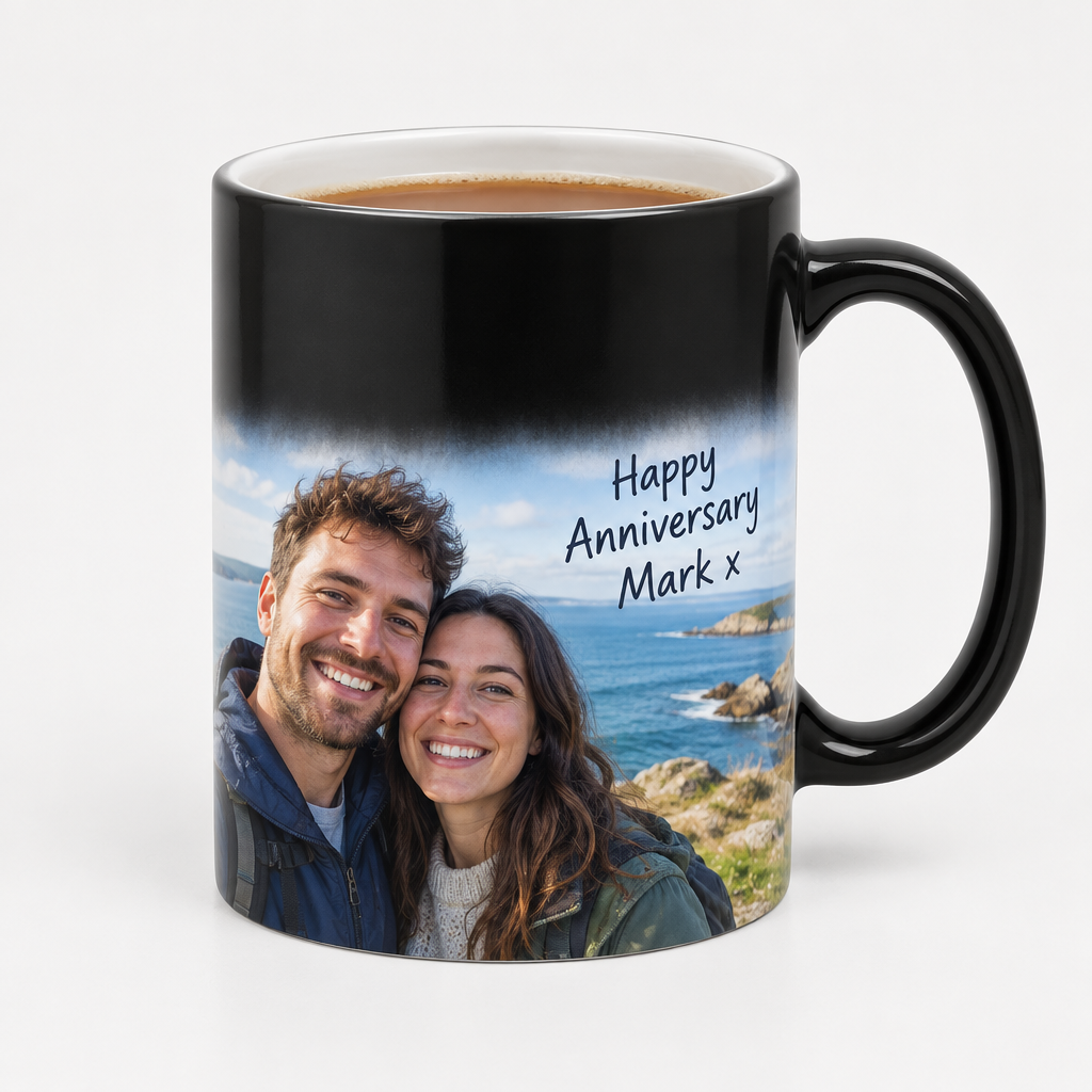Personalised Colour Changing Photo Mug – 11oz Magic Reveal – Black or Red – Personalised colour changing photo mug revealing a couple photo and anniversary message