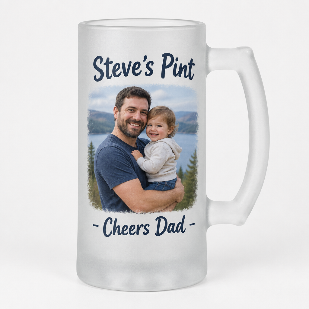 Personalised Frosted Glass Stein – 16oz Trigger or 22oz Slim Handle – Name, Photo & Message – Personalised frosted glass stein printed with a family photo and Cheers Dad message