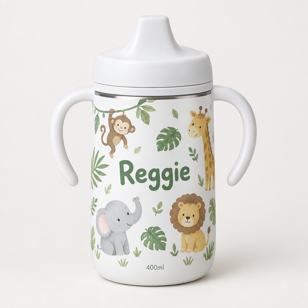 Personalised Kids Sippy Cup with Spout – 400ml Stainless Steel – Name & Theme – Personalised kids sippy cup with spout and two handles printed with jungle animals and the name Reggie