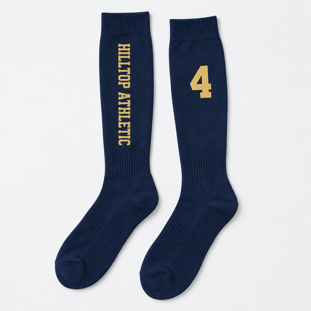 Personalised Football Socks – Team Name & Number – Adult 45cm Polyester – Personalised football socks in navy printed with team name and number in gold