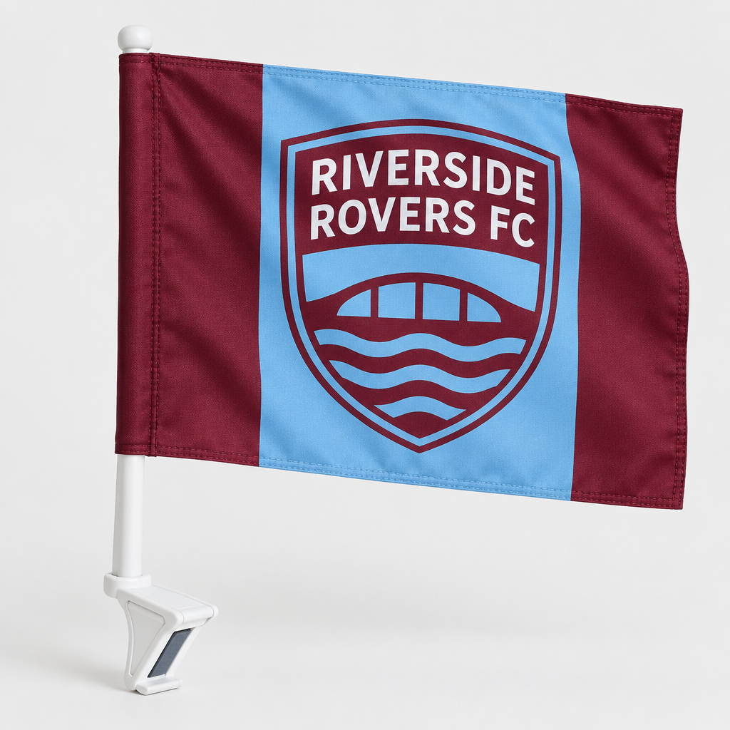 Personalised Matchday Pack – 3ft x 2ft Terrace Flag, Car Flag & 9m Club Bunting – Save 10% – Fast Turnaround – Football car flag with window clip printed with a team name and badge, part of the personalised matchday pack