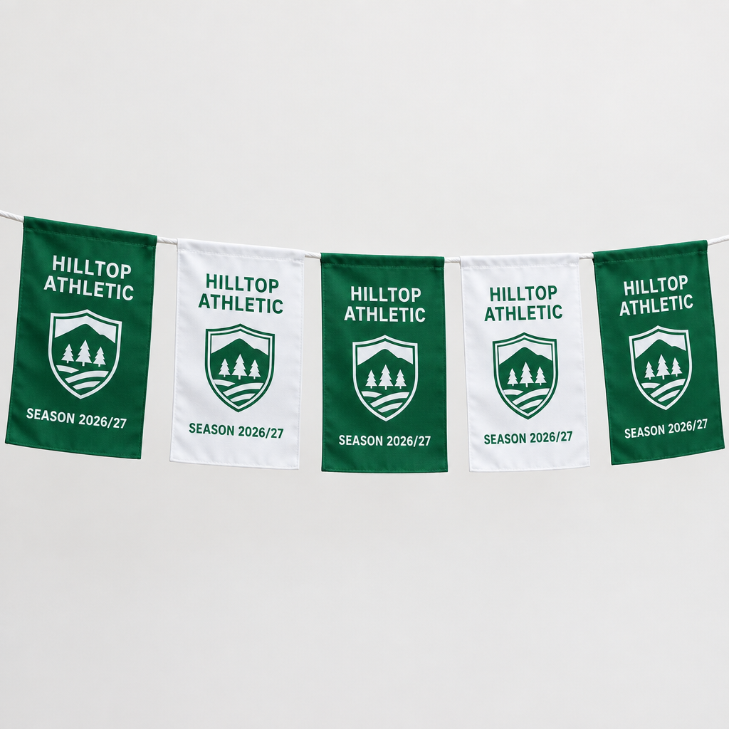 Personalised Football Club Bunting – 9m – Team Name, Badge & Colours, About 30 Flags – Personalised football club bunting in green and white with team name, badge and season